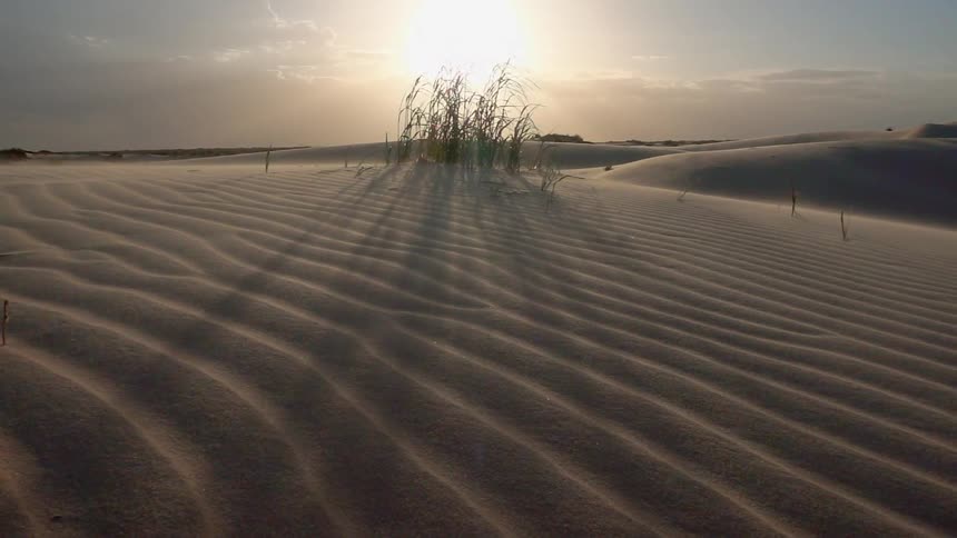 The sun is setting behind the hills of the desert