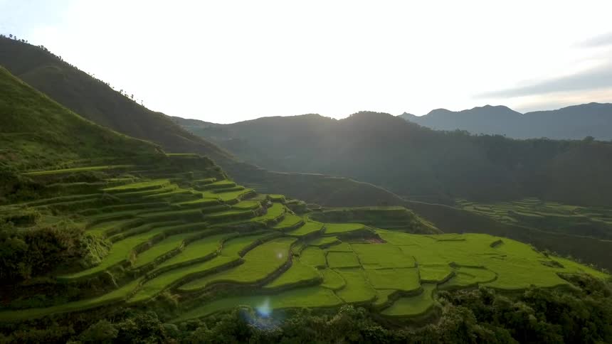 The mountain range is covered with green steps