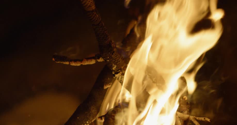 The top of a campfire burns in the dark
