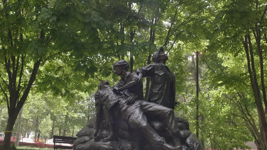 Statue in cemetery covered by trees