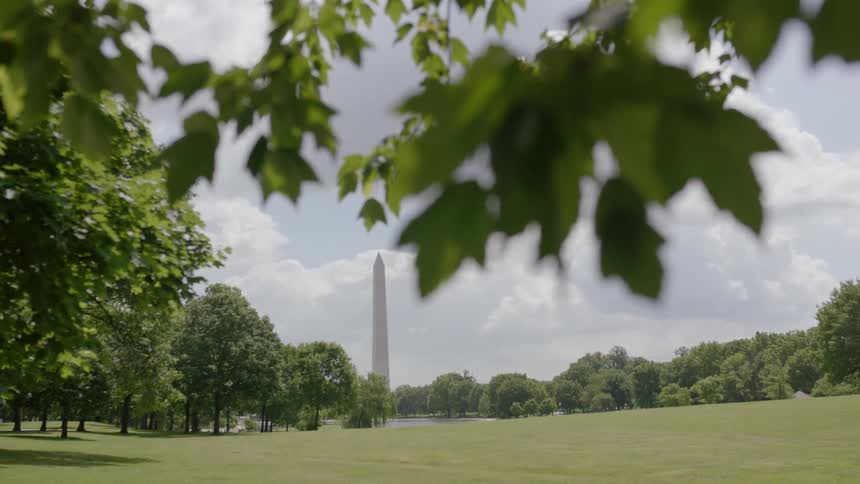 The washington monument is shown in the distance