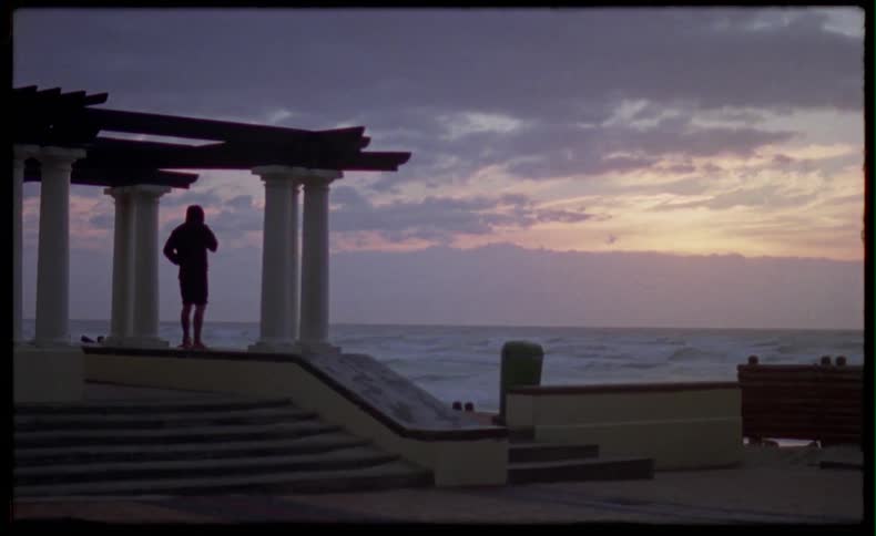 A man is standing under a gazebo looking out over the ocean