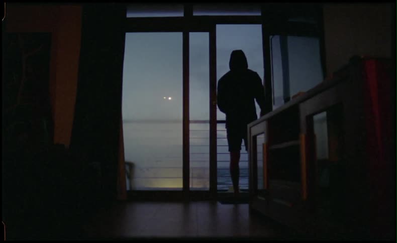 Person standing on balcony looking out into the beach
