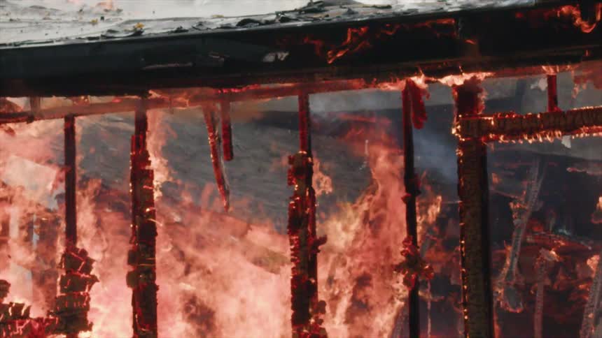 Fire burning rapidly on the reaming frame of a building