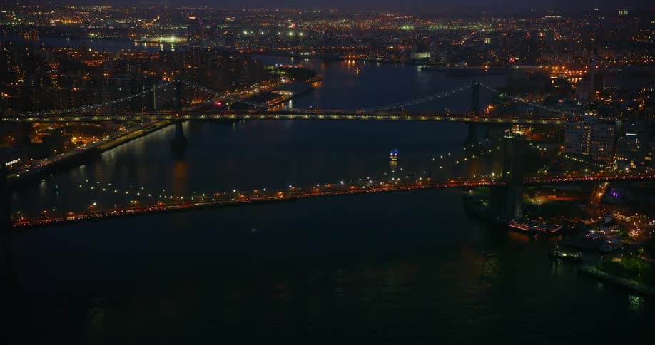 Well lit city bridges over a river