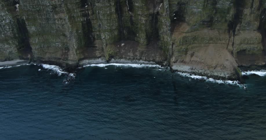 Waves crash against cliffs with birds flying by