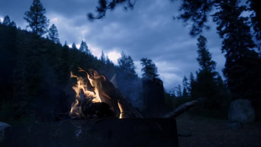 A campfire burns at night