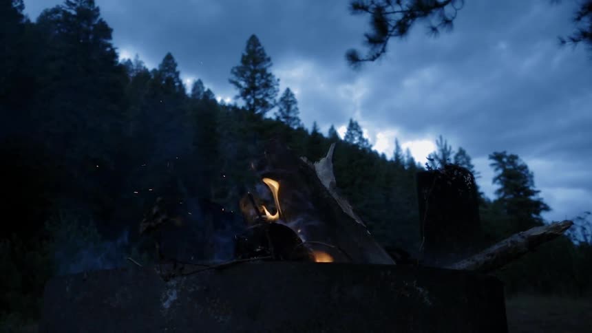 A campfire burns at night