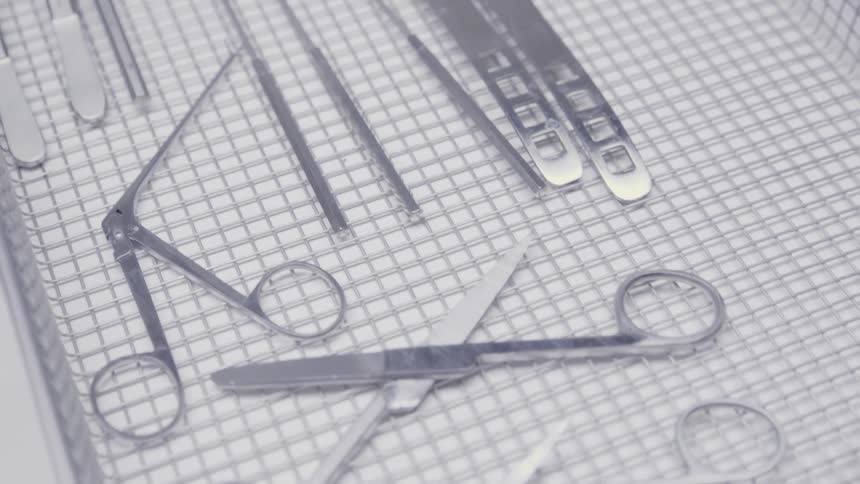 Medical instruments are packed in a wire basket