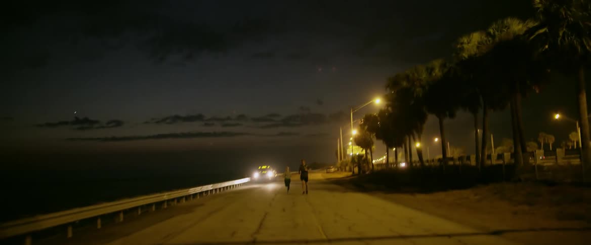 A man and woman are jogging on a coastal road at dusk