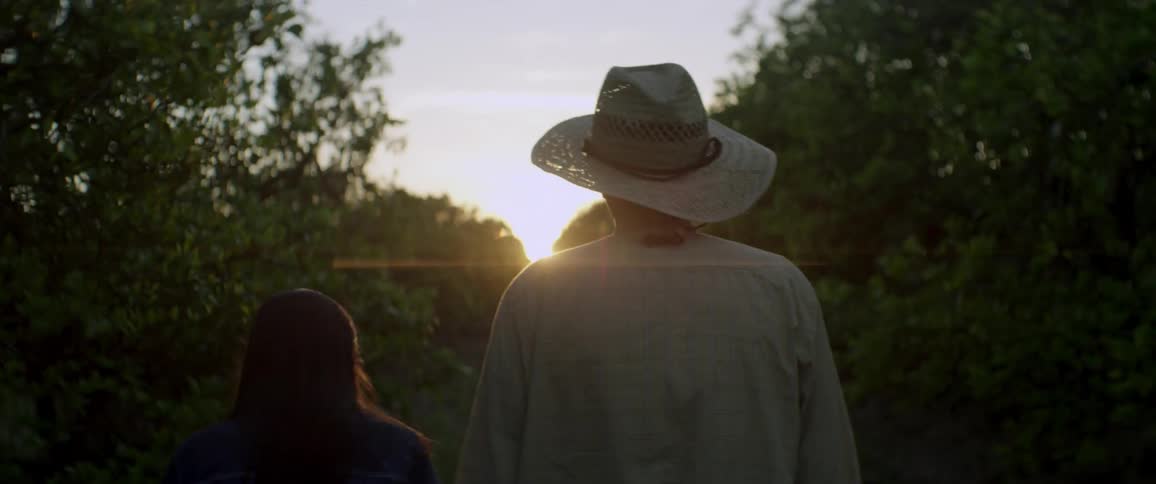 A man and woman walk together under the sunset