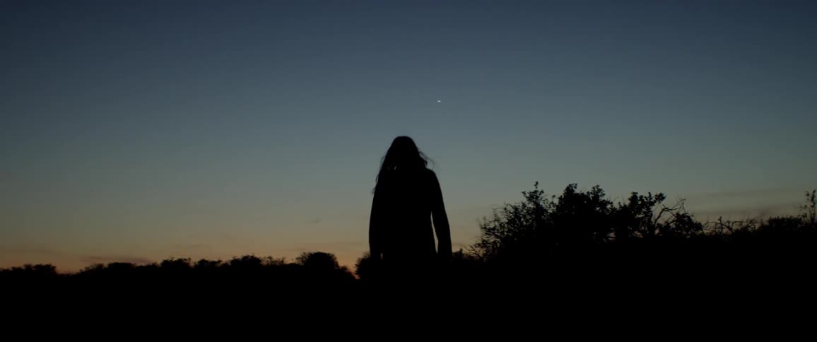 A woman walks toward a tree line at sunset