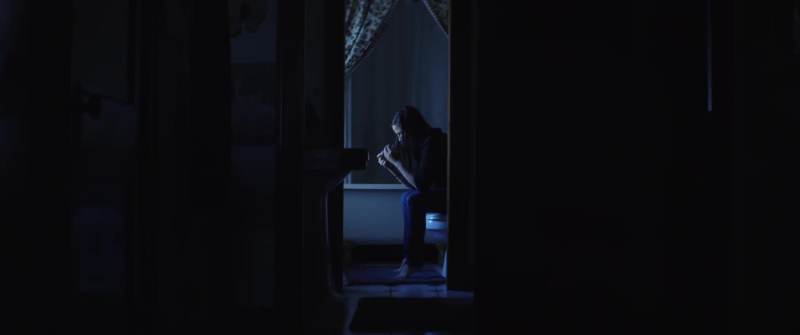 A woman sits down on a toilet in her home and begins crying