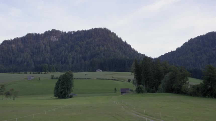 Moving view of a short grassy field with tree covered mountains in the distance