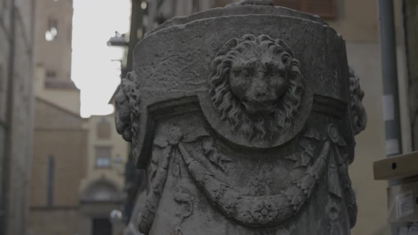 Close up of a statue with a lion head on it