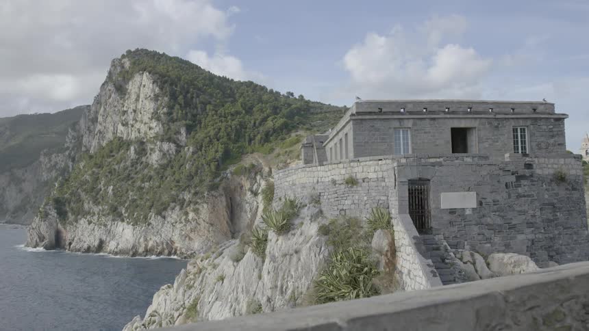 A stone building is built on the top of these rocky mountains