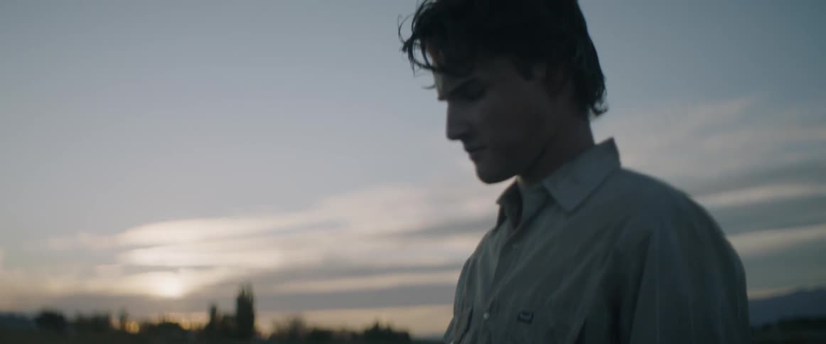 A young man stands out in a field at dusk