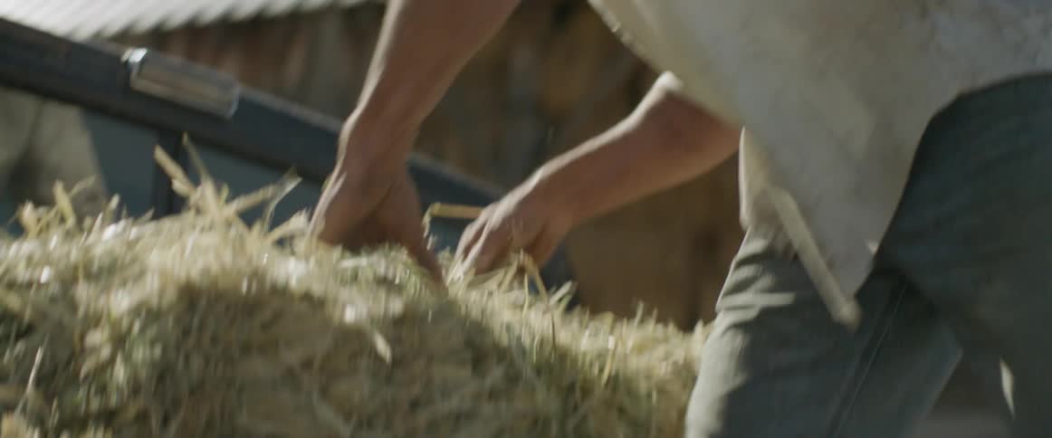 Man picks up bales of hay and sets them down
