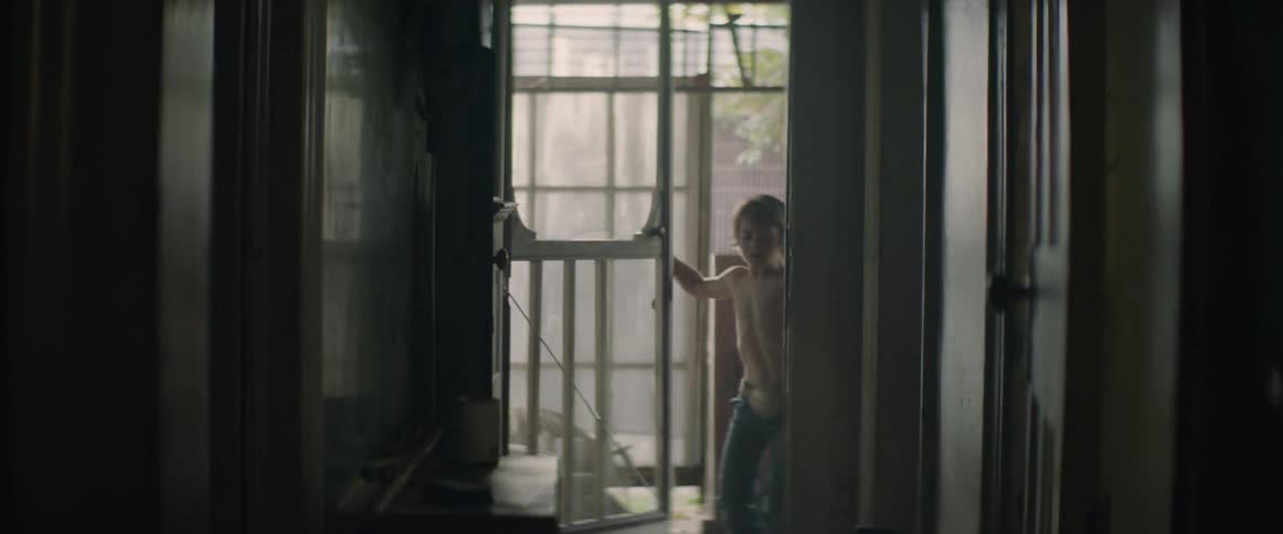 A boy with no shirt opens up the screen door of his house and goes in