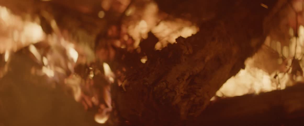 A fire burns outside at night as smoke is drifted away by the wind