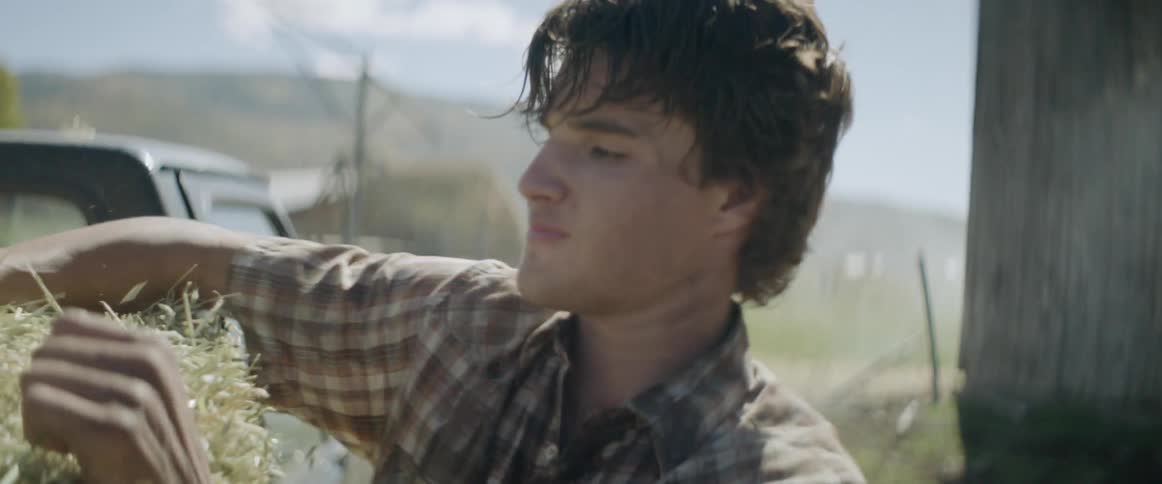 A young man unloads hay bales from a truck