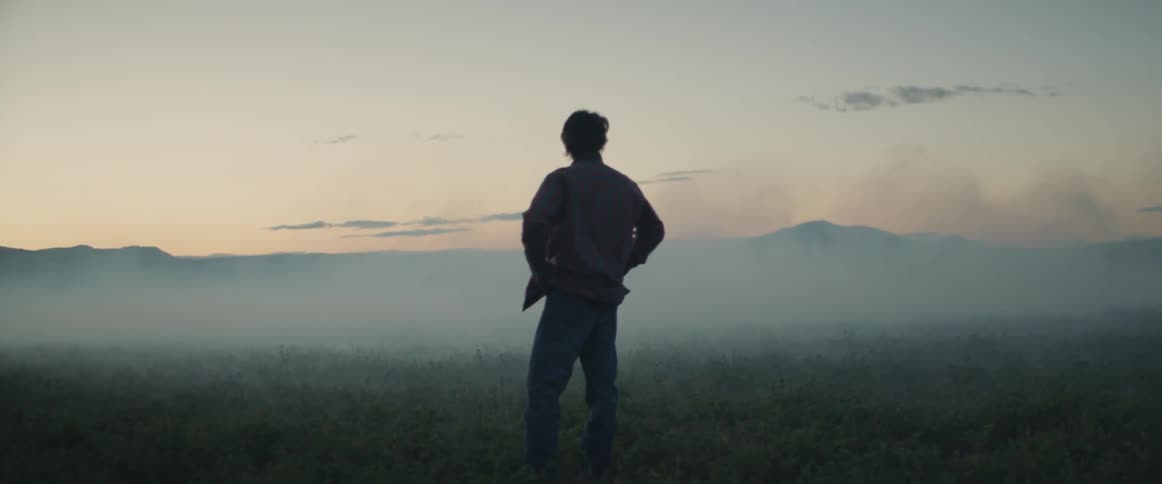 A man stands on the foggy field looking around at sunset