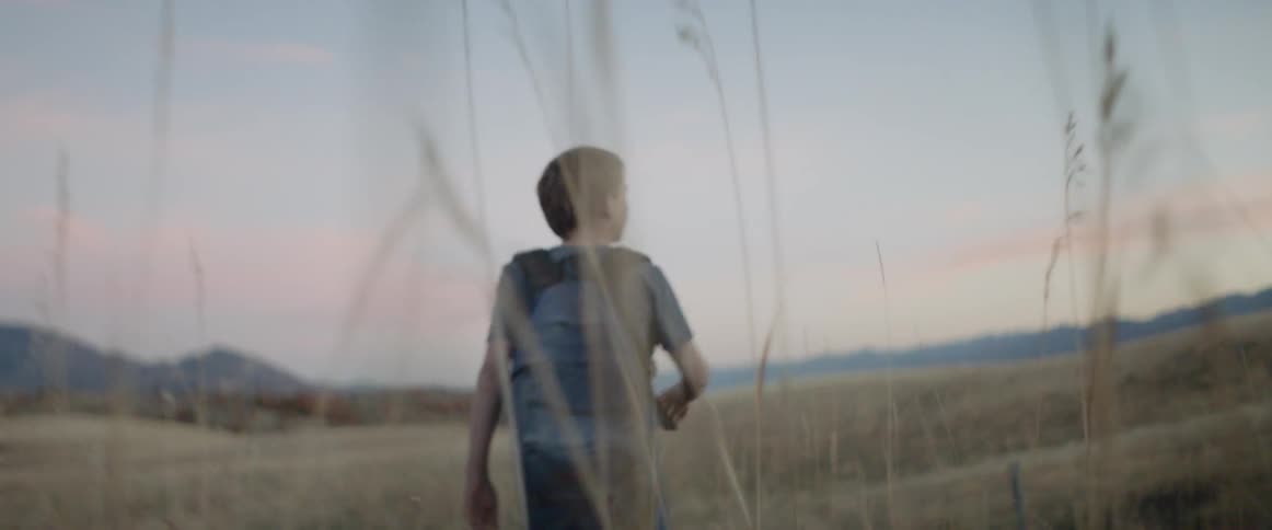 Boys walk across a rural field at sunset