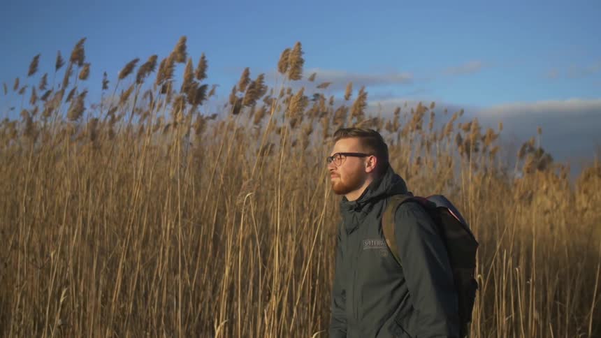 A man wearing a hoodie and backpack walking next to very tall grasses