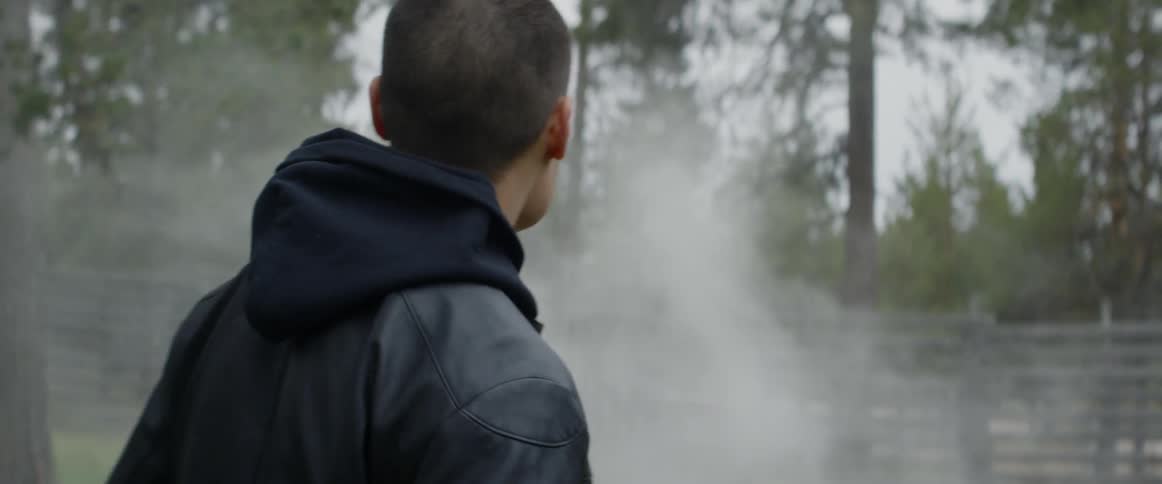 A man walks towards a foggy lake on an overcast morning