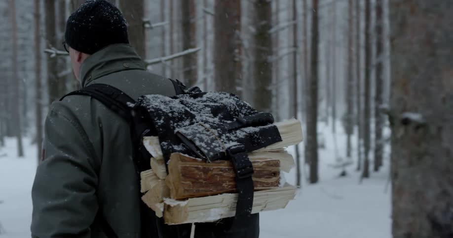 Hiker walks through snowy woods