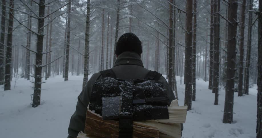 Man with wood strapped to his back is walking through snow covered forest