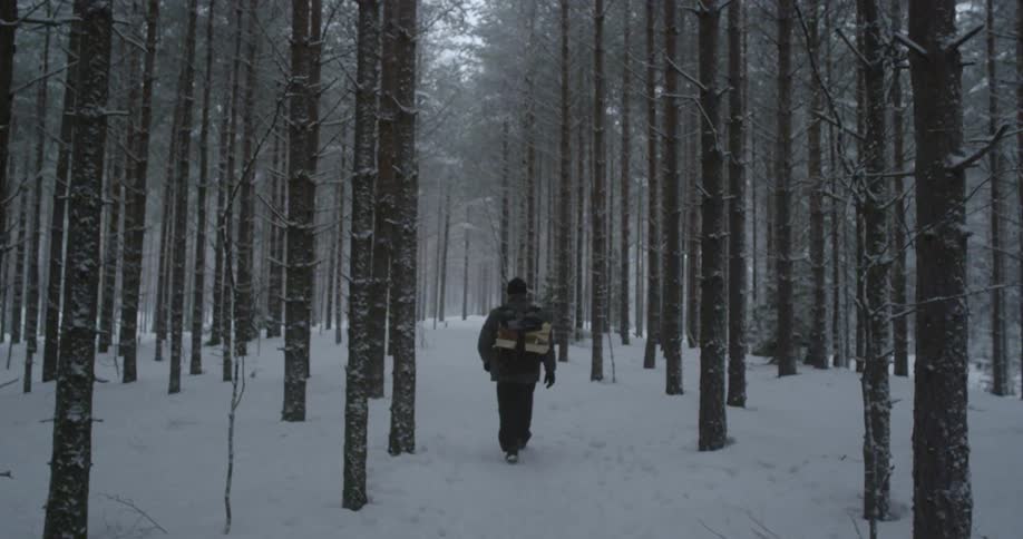A man hikes through a snowy forest