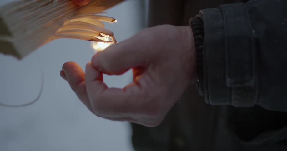 A person burns pieces of a log with a match