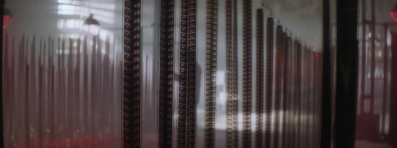 A woman walks by rows of filmstrips hanging in a warehouse