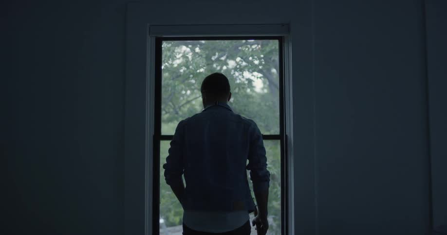 A man stares out of a window