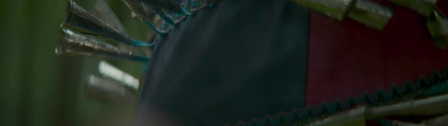 Metal adornments on a piece of clothing sway and bounce