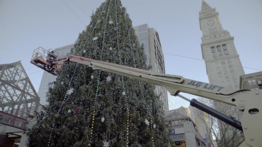 A Crane Lifts Someone to Decorate a Giant Christmas Tree