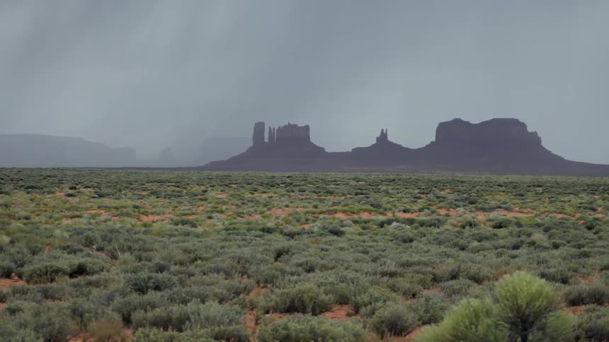 The long field leads to fog covered mountains