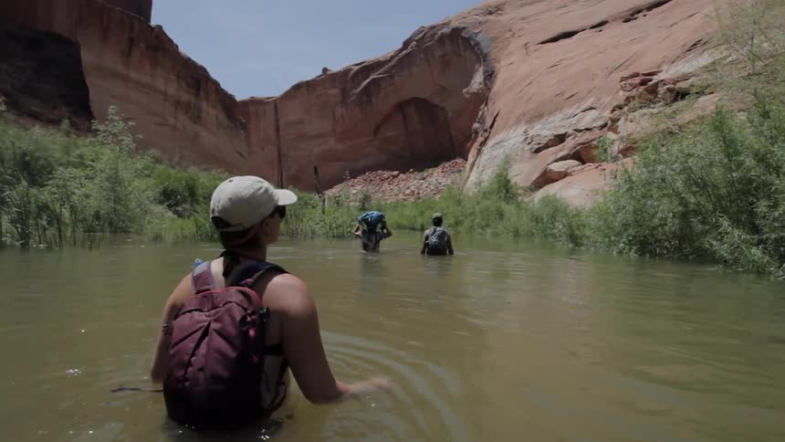 Three people wade through waist deep water on a sunny day