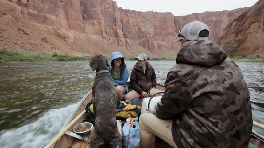 People ride in a boat in the lake with a dog