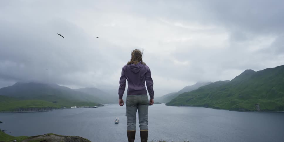 Man standing facing mountains and bay on windy day while birds fly in sky