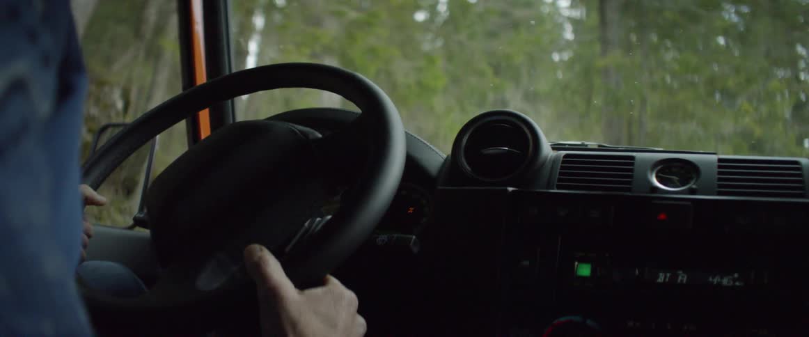 A person steers a truck in a forest