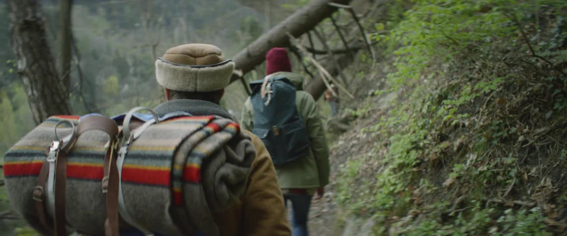 Two people wearing packs are hiking in the woods