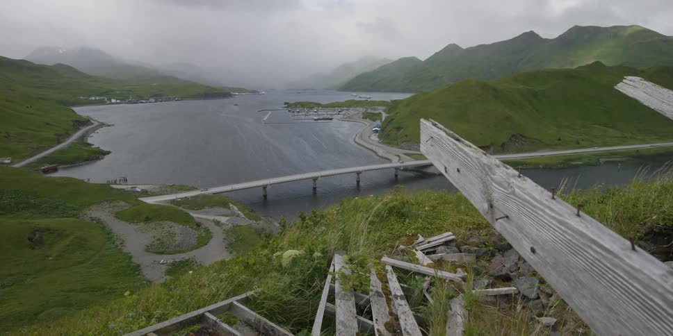 Wood debris sits on a grassy hill overlooking a bridge and bay