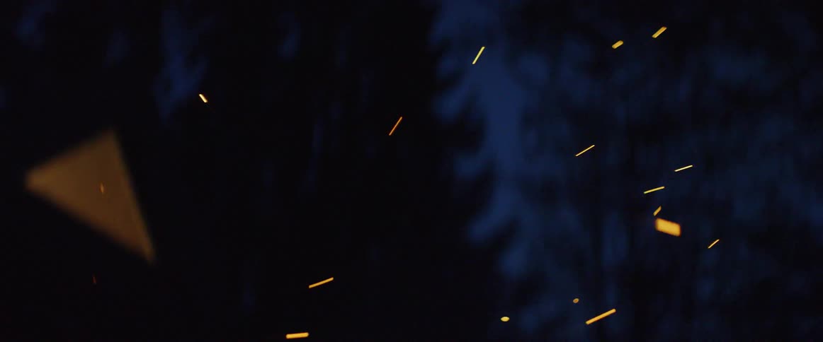 Fire embers float upward in the dark
