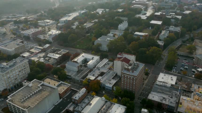 Aerial view of a town on a foggy day