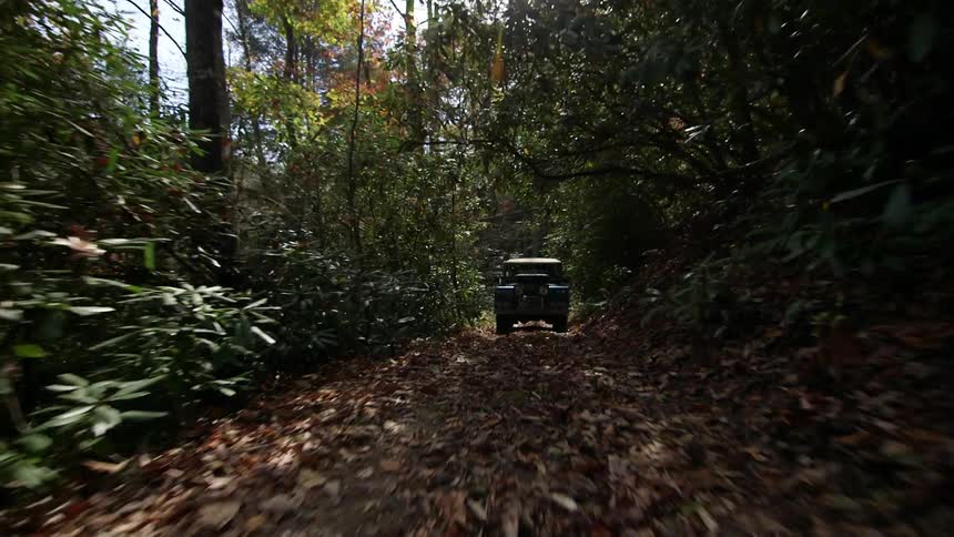 A truck drives down a forest path