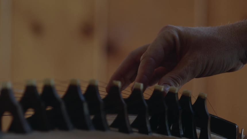 A man picks at strings on an instrument
