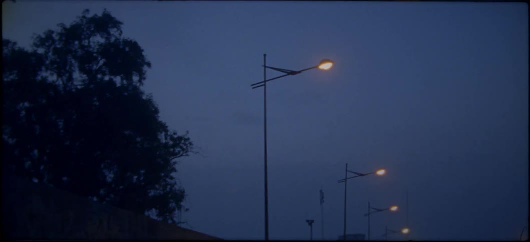 Street lamps illuminate a city street
