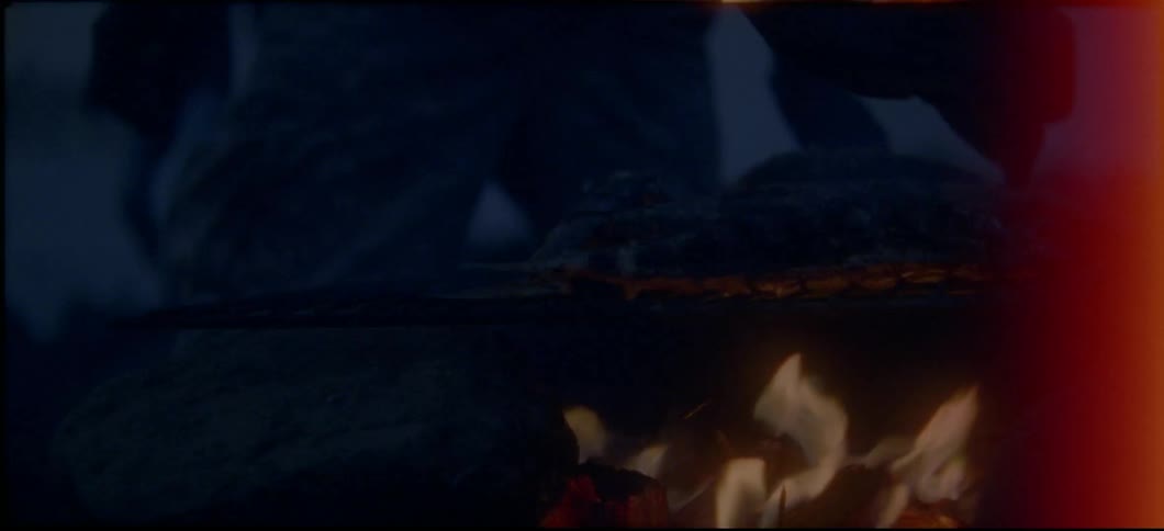 A man flips a fish cooking on a grill over a campfire